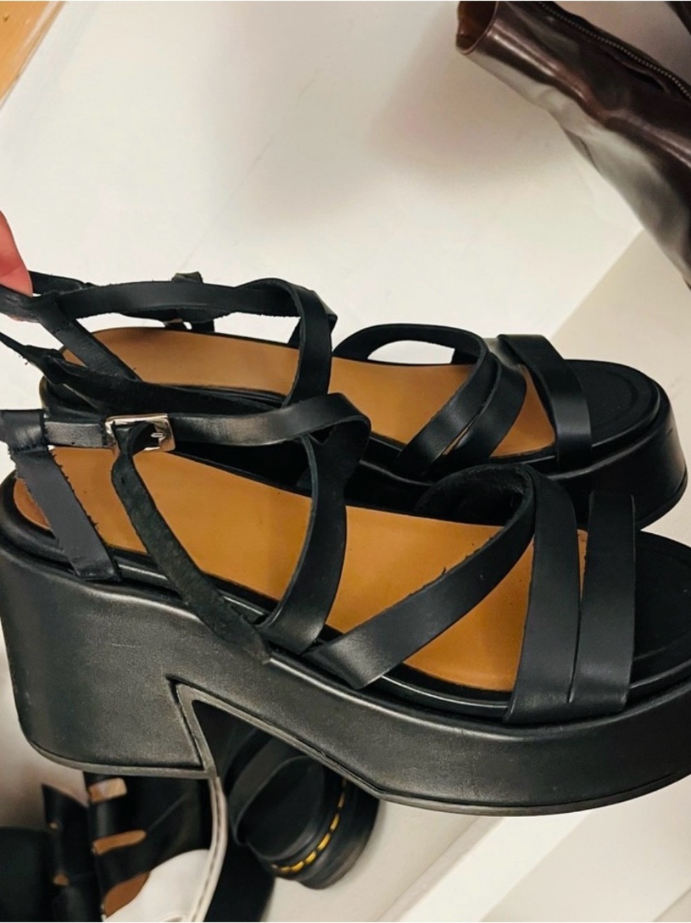 Ganni Black Leather Platform Strappy Sandals